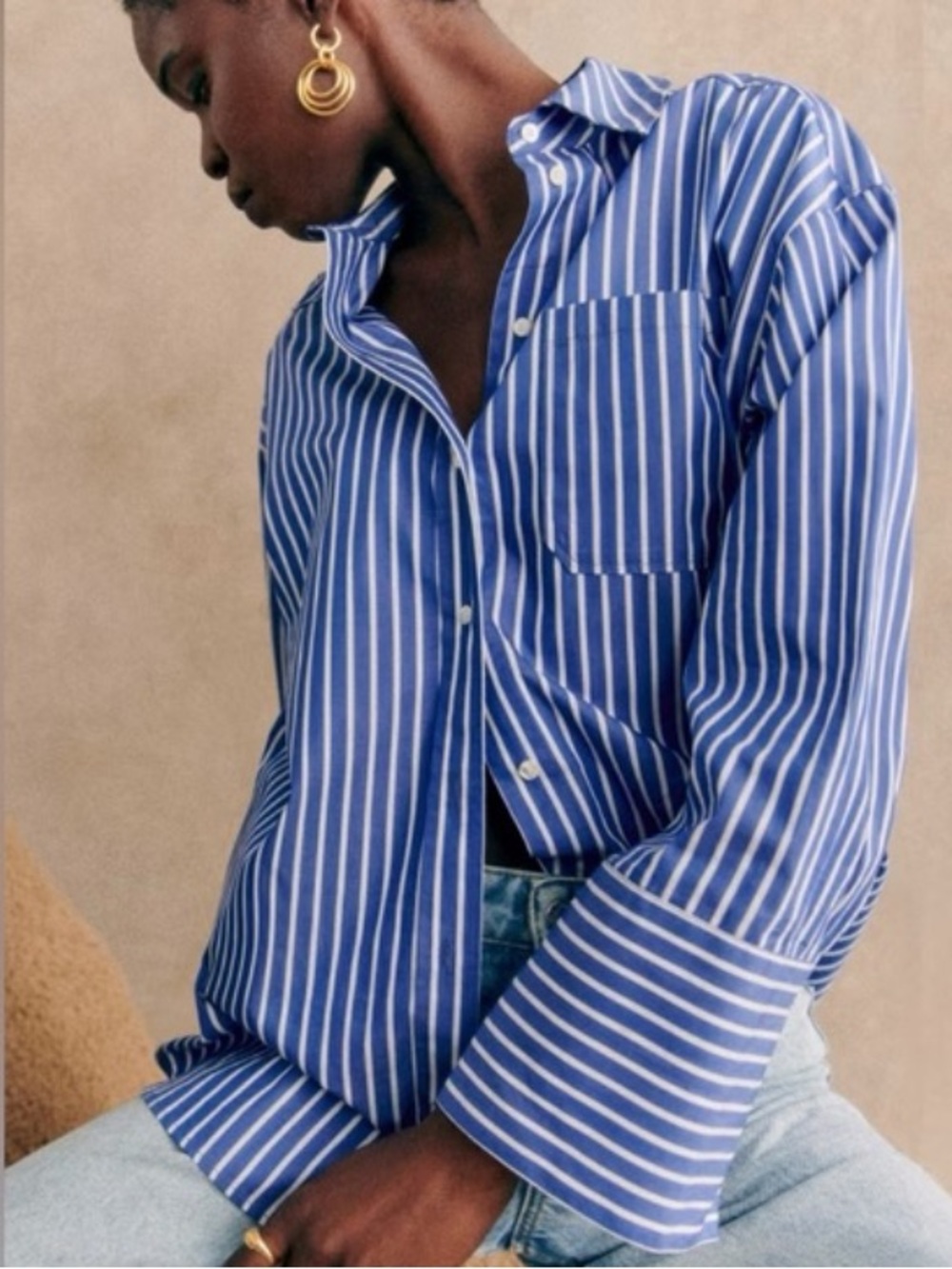 Sezane Blue and White Striped Relaxed Button-Down Shirt